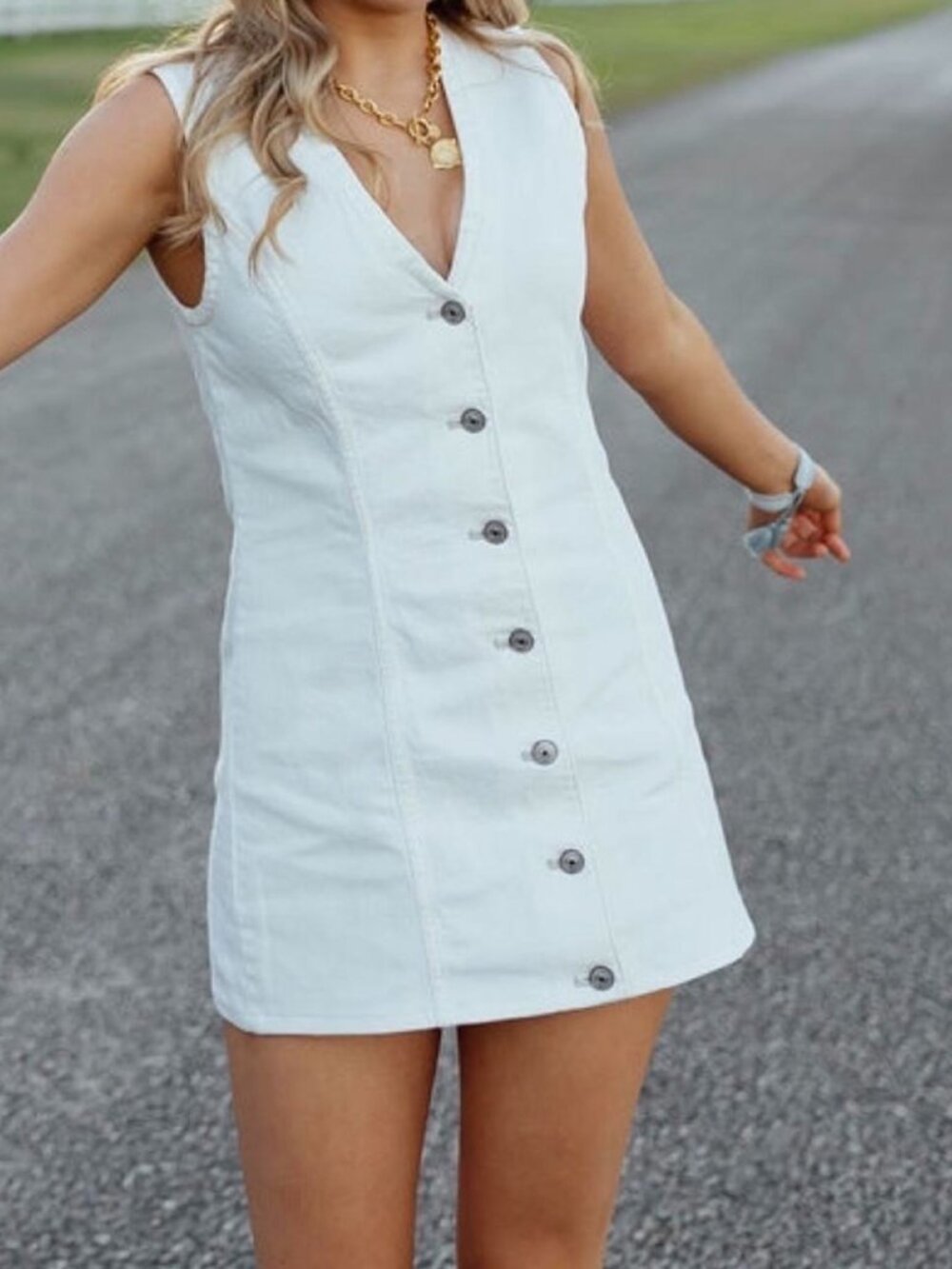 Abercrombie & Fitch Cream Button-Front V-Neck Mini Denim Dress